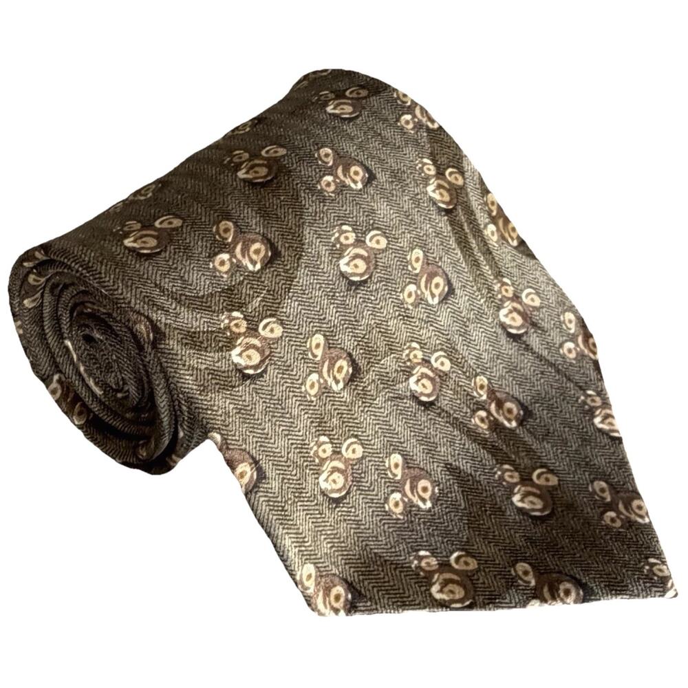 Disney Store Necktie 56"x3.25" Olive Mickey Mouse Head Silk Tie Herringbone EUC